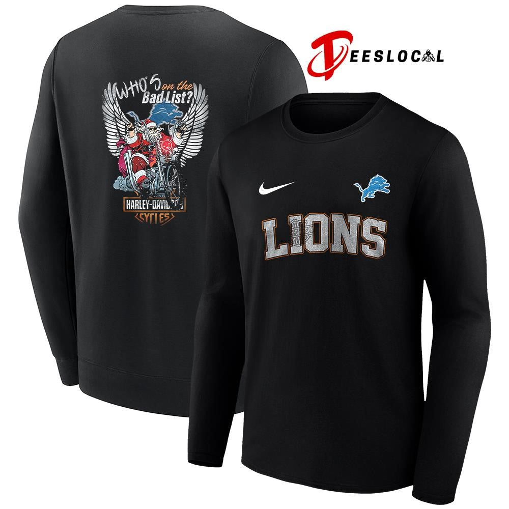 Detroit Lions x Harley Davidson Santa Claus who’s on the bad list graphic shirt