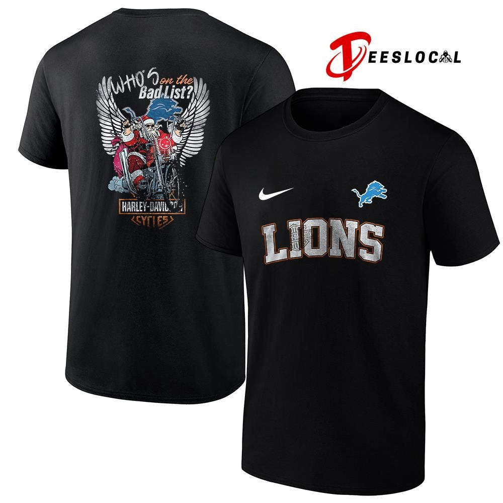 Detroit Lions x Harley Davidson Santa Claus who’s on the bad list graphic shirt