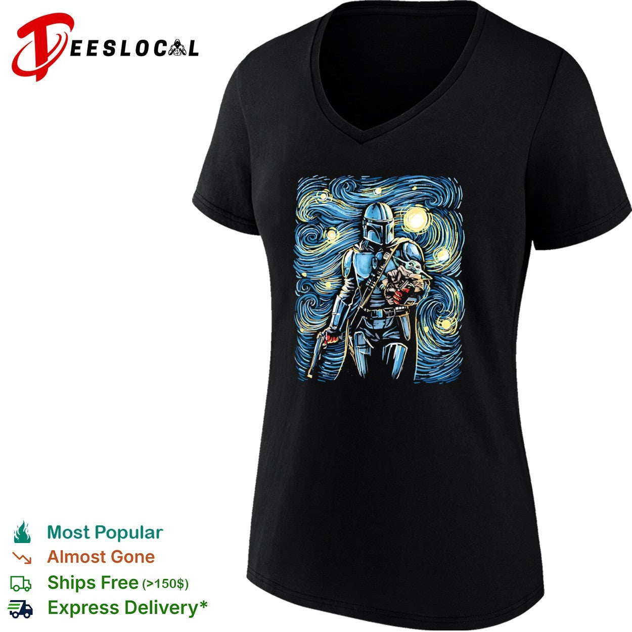 Din Djarin and Din Grogu in the style of Van Gogh’s Starry Night shirt