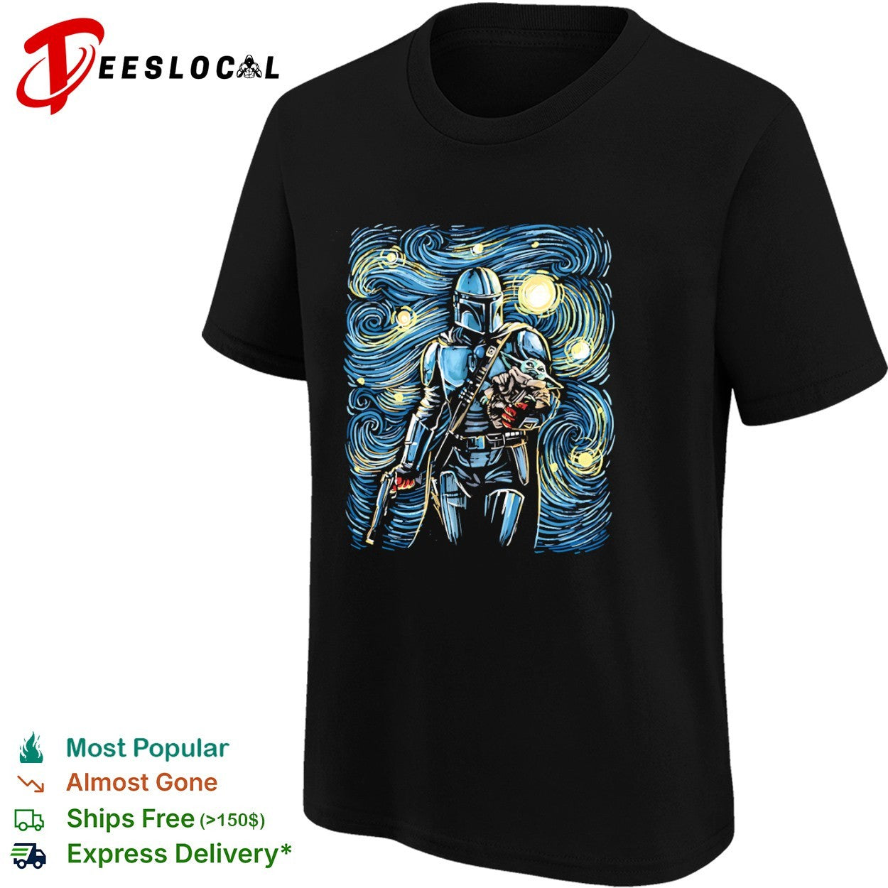 Din Djarin and Din Grogu in the style of Van Gogh’s Starry Night shirt