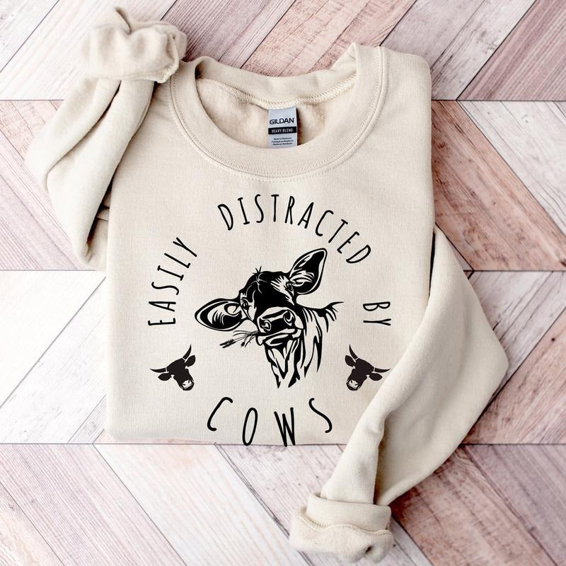 Easily Distracted By Cows Shirt,Cow Sweatshirt,Aesthetic Sweater,Funny Cow Shirt,Farm Love Shirts,Farm Animal Tshirt Cotton Crewneck