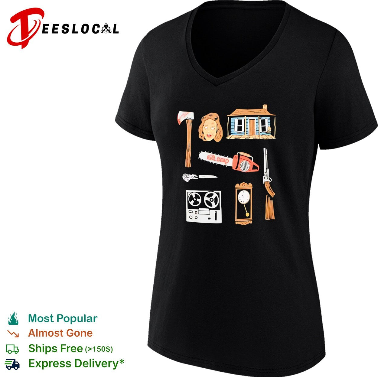 Evil Dead Horror Movie Icons Cabin Chainsaw Axe Tape Recorder Boomstick Shirt