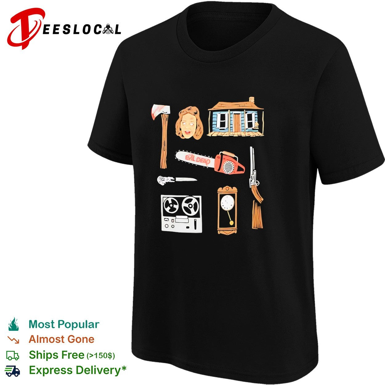 Evil Dead Horror Movie Icons Cabin Chainsaw Axe Tape Recorder Boomstick Shirt