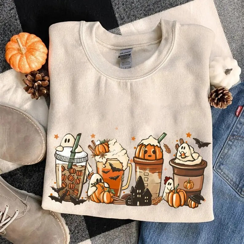 Fall Coffee Shirt, Fall Coffee Sweatshirt, Pumpkin Spice Shirt, Halloween Latte Shirt, Cute Fall Sweatshirt, Spooky Season Sweatshirt Menswear Hoodie Tops Pullover