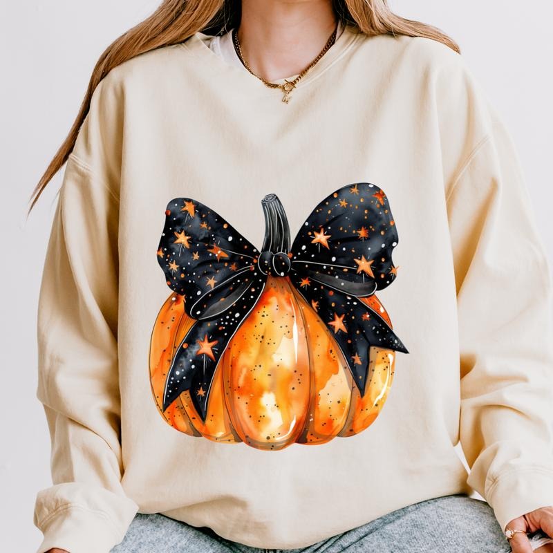 Fall Crewneck, Fall Pumpkin with Black Bow Sweatshirt, Vintage Fall Sweatshirts, fall Crewnecks, fall sweaters, first day of school outfit, trending T-shirt, Casual, Womenswear