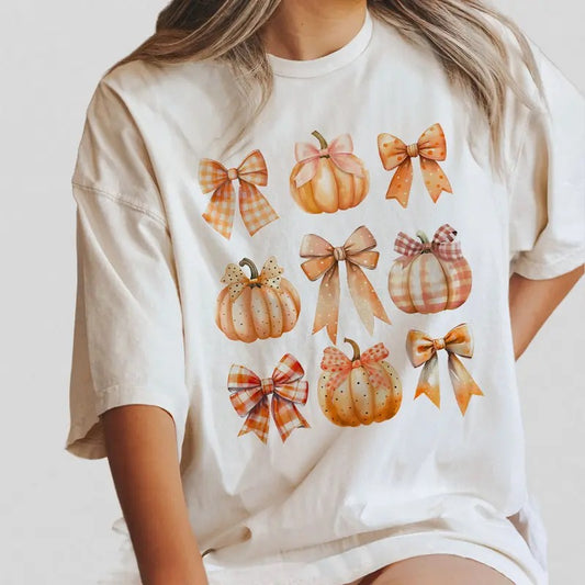 Fall Pumpkin Bow Shirt, Fall Coquette Bow Sweatshirt, Autumn Pumpkin Tee, Fall T-Shirt , Autumn Bow Shirts, Comfort Tee...