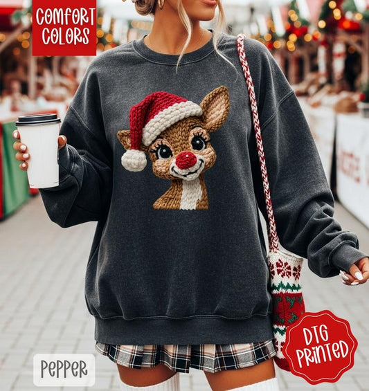 Faux Crochet Rudolph Comfort Colors Sweatshirt, Trendy Women's Christmas Crewneck