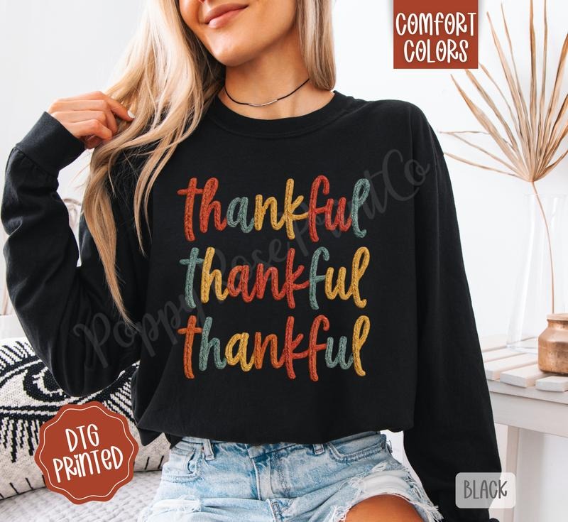 Faux Crochet Thankful Comfort Colors Long Sleeve T-Shirt, Cute Women's Fall Tee
