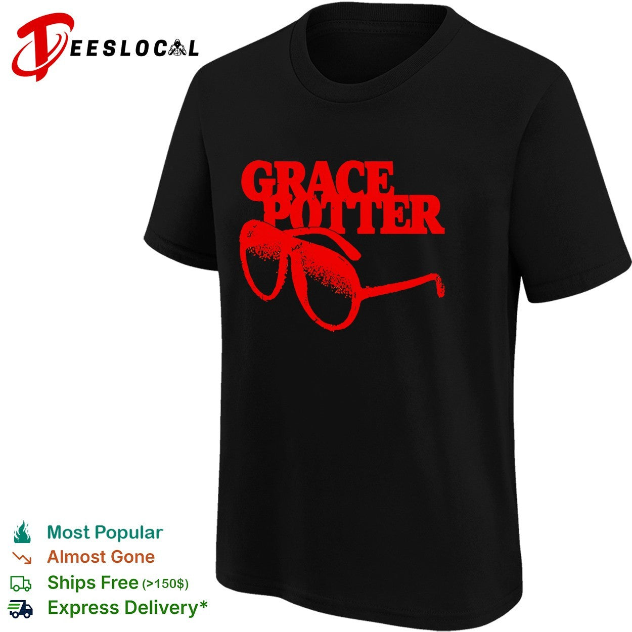 Female vocalist aviator sunglasses bold distressed typography concert shirt