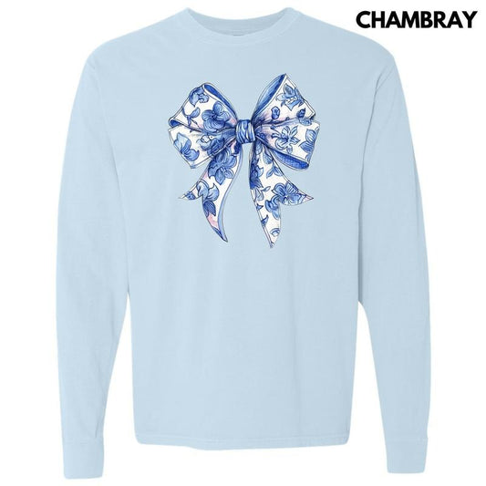 Floral Blue Big Bow Long Sleeve Comfort Colors T-Shirt 'NLB'