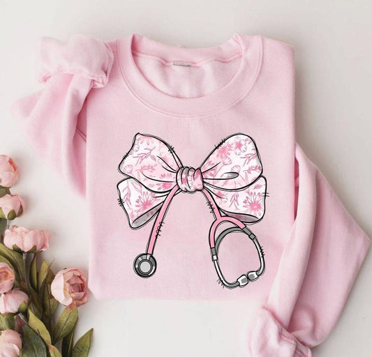 Floral Coquette Bow Nurse Sweatshirt, Nurse Coquette Sweater, Nurse Bow Ribbon Stethoscope Shirt, Nurse Ribbon Shirt, ER RN Nurse Appreciation Shirt, Nurse Shirt