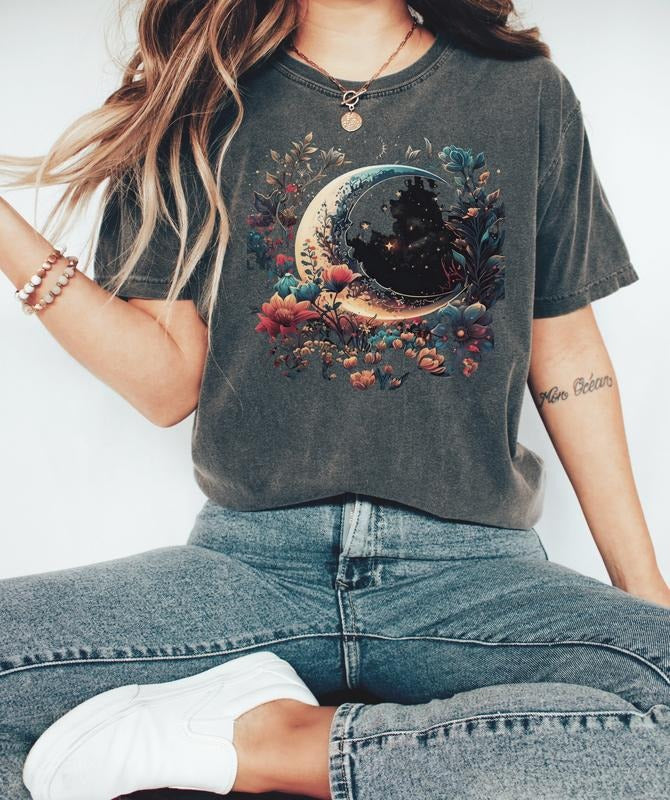 Floral Crescent Moon & Stars T-Shirt, Ladies Crewneck Garden Shirt