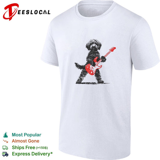 Fluffy dog rock star playing electric guitar distressed art shirt