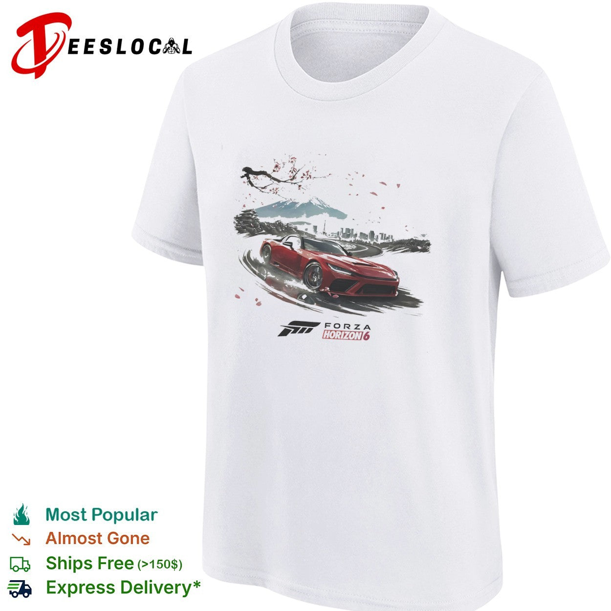 Forza Horizon 6 Red Sports Car with Mount Fuji and Tokyo Cityscape Japan shirt
