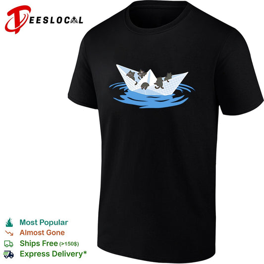 Four cats riding paper boat sailing on water cute illustration shirt