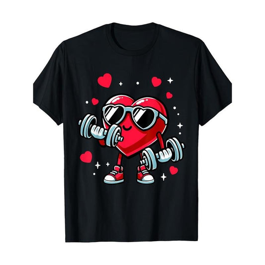 Fun Valentine's Day heart training with dumbbell workout 100% cotton T-shirt Made in USA