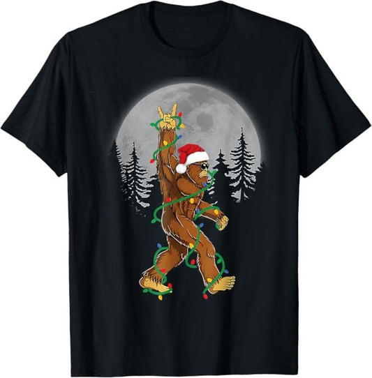 Funny Christmas Shirt, Christmas Gift, Bigfoot Santa Christmas Tree Lights Funny Xmas Sasquatch T-Shirt - Menswear Top