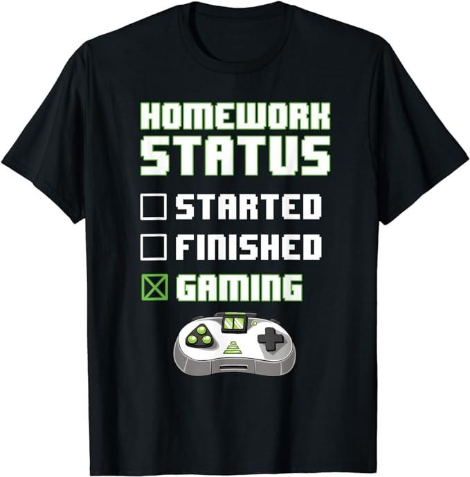 Funny Gamer Shirts, Special Gifts For Gamers, Gaming Homework Status School Funny Gamers Boys Teens T-Shirt Menswear Top Casual Classic