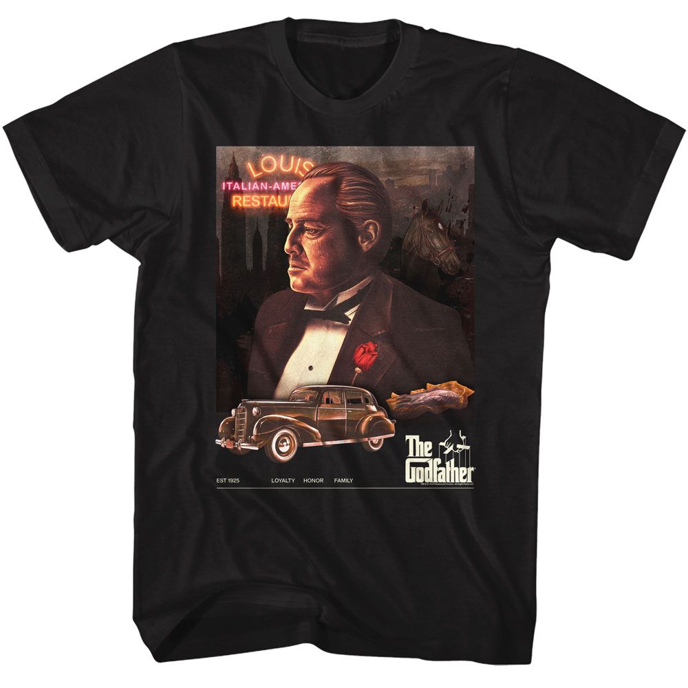 The Godfather - Poster Collage Neon - American Classics - Solid Black Adult Short Sleeve T-Shirt (Image 1)