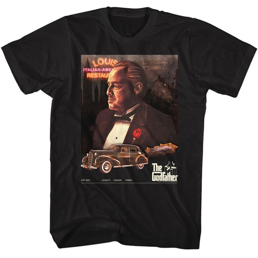 The Godfather - Poster Collage Neon - American Classics - Solid Black Adult Short Sleeve T-Shirt (Image 1)