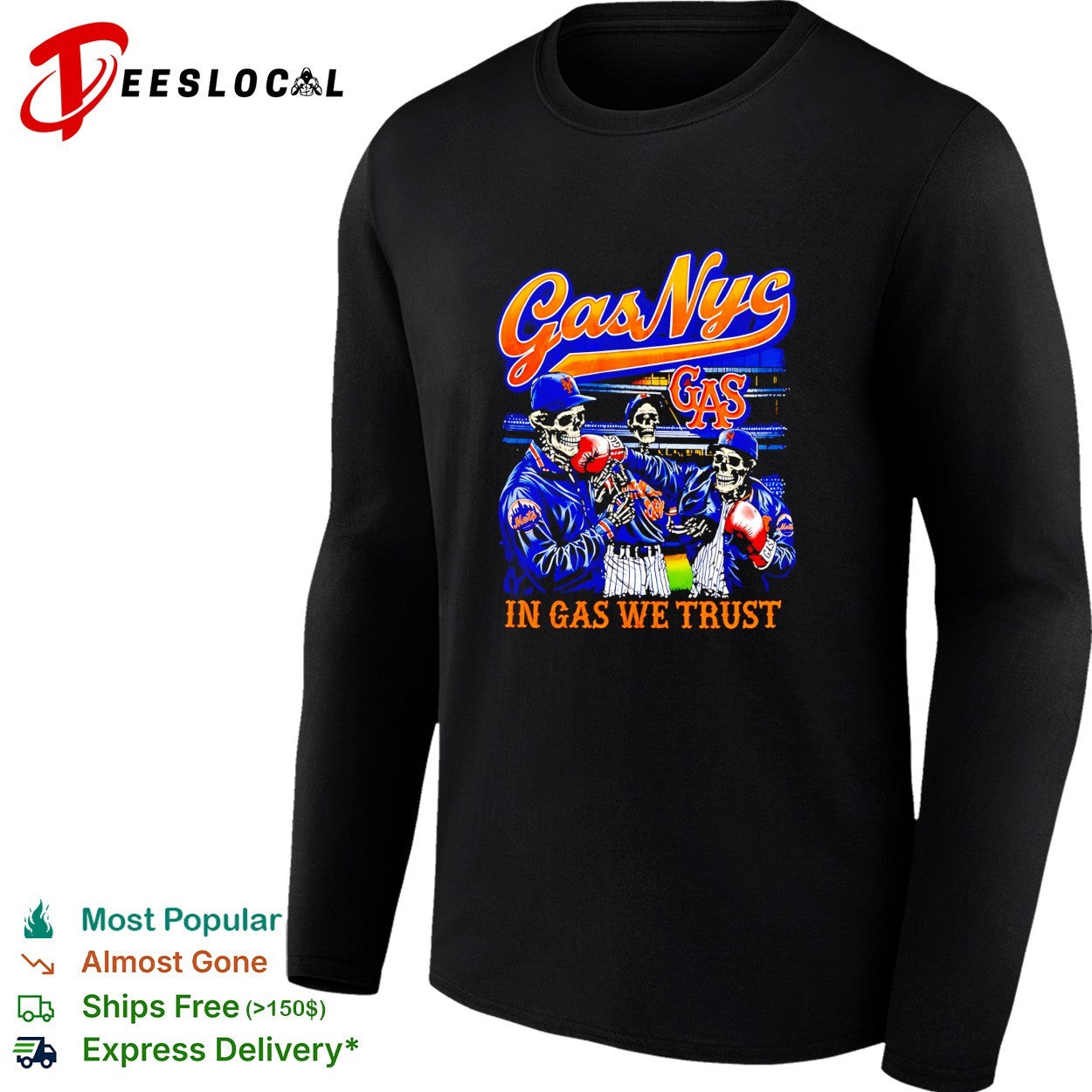 Gas NYC in gas we trust skeleton baseball Mets fan dark shirt