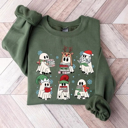 Ghost Reading Books Christmas Sweatshirt, Bookish Christmas Sweater, Cute Ghost Xmas Shirt, Christmas Teacher Gift Shirt, Librarian Christmas Shirt, Ghost Christmas Shirt, Bookish Christmas Shirt