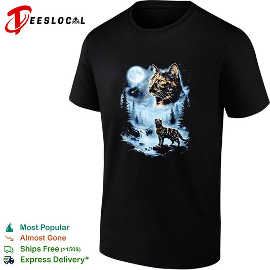 Giant cat moon face forest waterfall night scene mystical art shirt