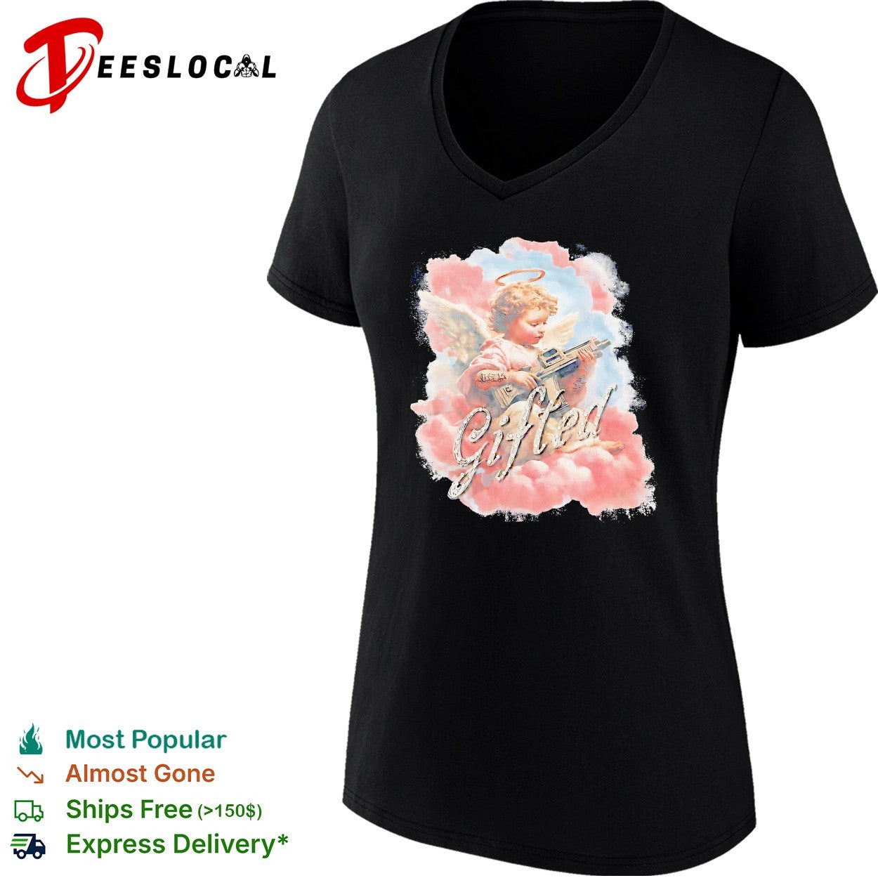 Gifted Cherub with Halo and Submachine Gun GFTD LA Black Airbrushed Aesthetic shirt
