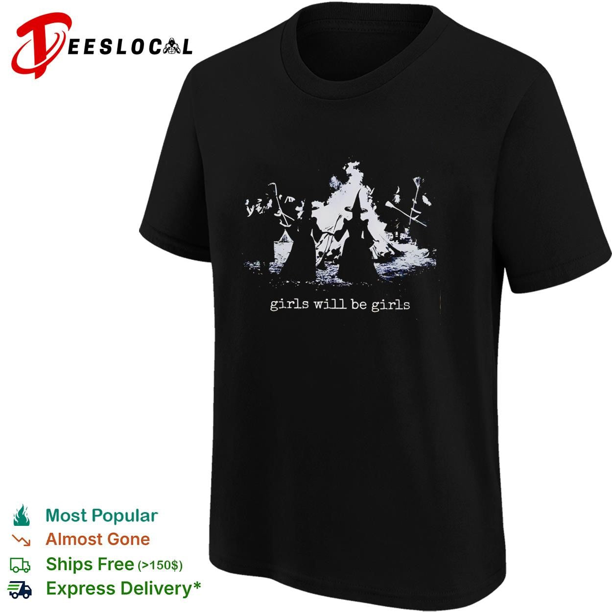 Girls will be girls eerie hooded witches gathered around bonfire graphic shirt