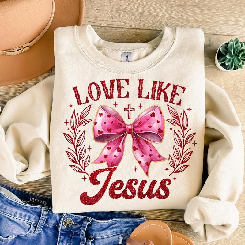 Glitter Valentine Coquette Sweatshirt, Love Like Jesus Sweatshirt, Christian Valentine Sweatshirt, Pink Coquette Cross Sweatshirt, Faux Sequin, Jesus Valentine Sweatshirt