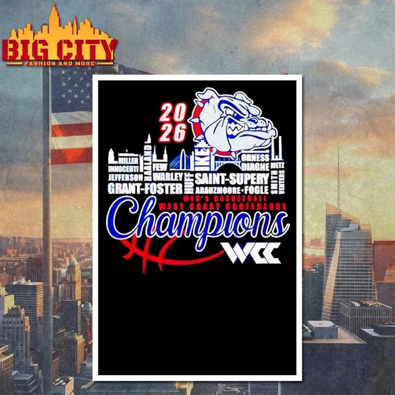 Gonzaga Bulldogs 2026 WCC Men’s Basketball Champions player names city skyline Shirt