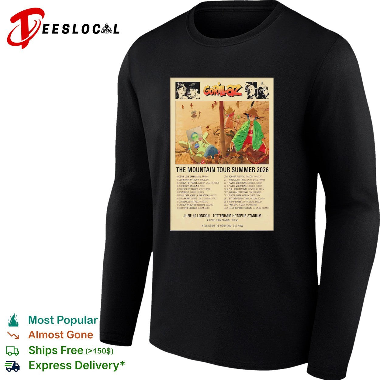 Gorillaz The Mountain Tour Summer 2026 London Tottenham Hotspur Stadium shirt
