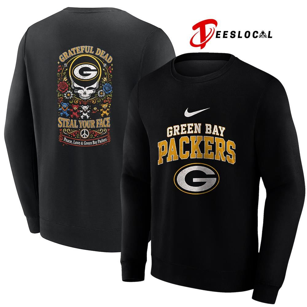 Green Bay Packers x Grateful Dead steal your face peace love logo shirt