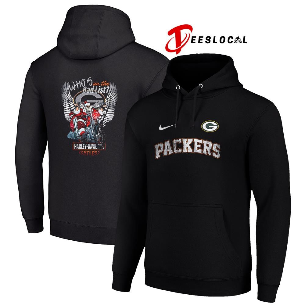 Green Bay Packers x Harley Davidson Santa Claus who’s on the bad list graphic shirt