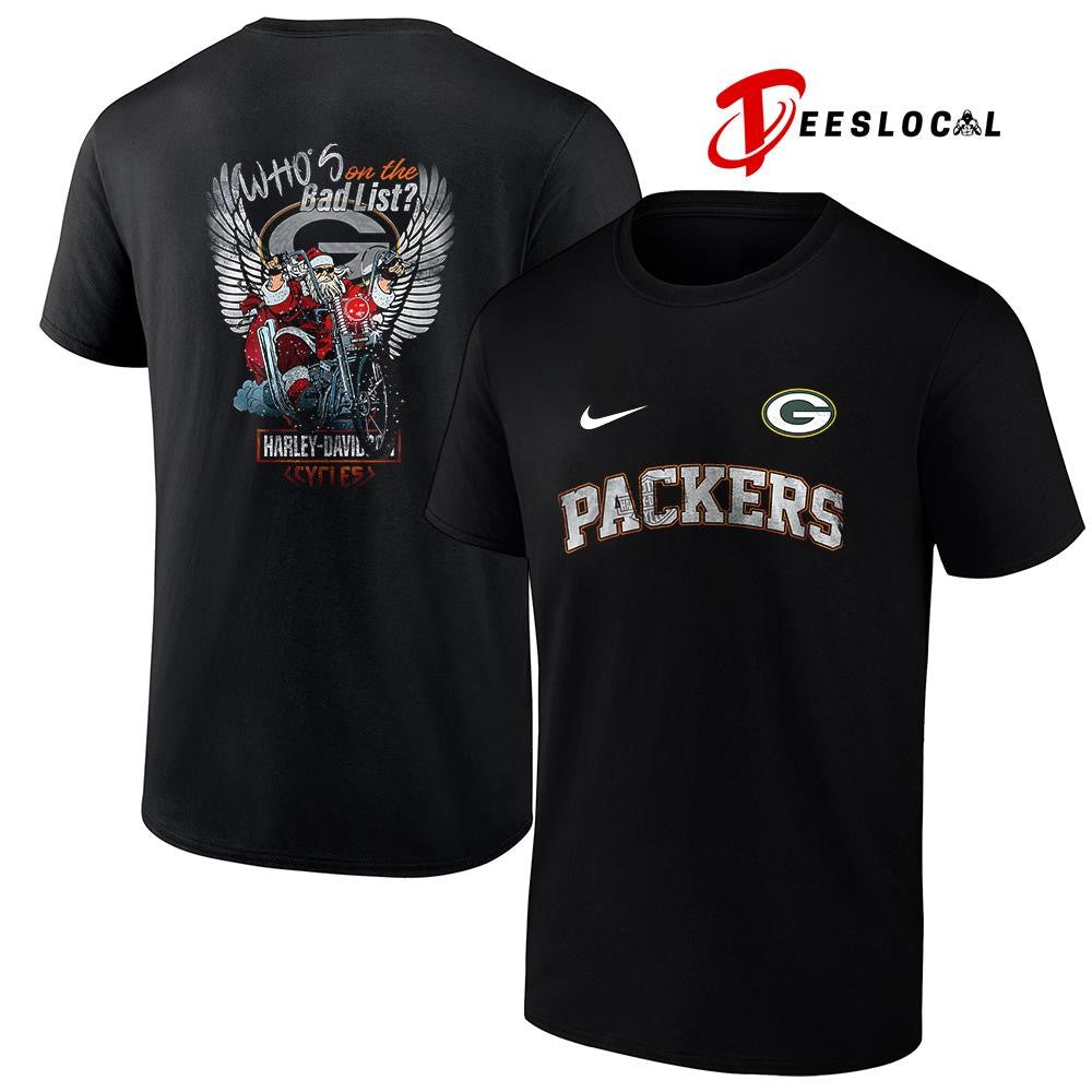 Green Bay Packers x Harley Davidson Santa Claus who’s on the bad list graphic shirt