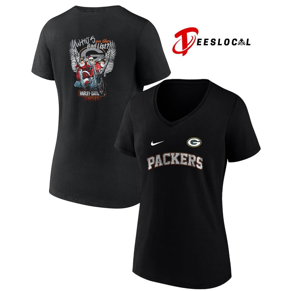 Green Bay Packers x Harley Davidson Santa Claus who’s on the bad list graphic shirt