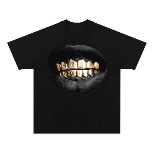 Grillz Black Gold T-Shirt, Vintage T-Shirt, Y2k Shirt, Unisex Cotton Crewneck T-Shirt Menswear Womenswear Underwear Streetwear Top Hoodie Polyester
