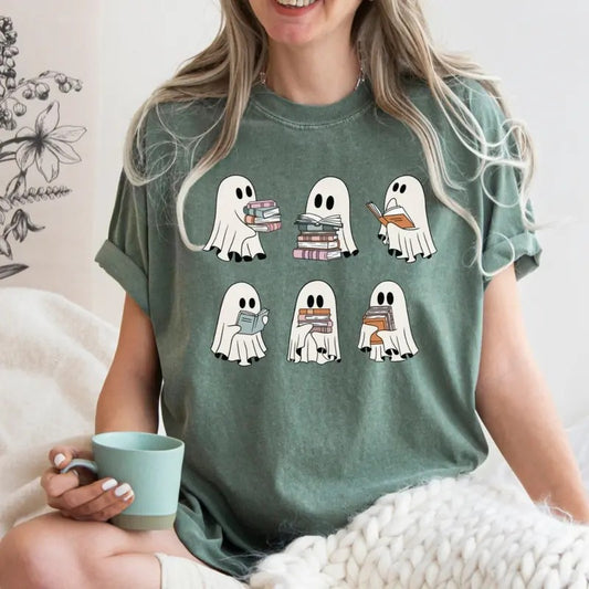Halloween Retro Ghosts Reading Books Teacher Librarian Halloween Gift Spooky Season Trendy TShirt Gift Halloween Book Lover