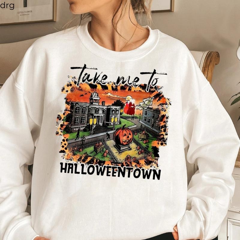 Halloweent0wn Scene Halloween Sweatshirt, Cozy Spooky Town Pullover, Pumpkin Patch Graphic Hoodie, Fall Movie Night Outfit