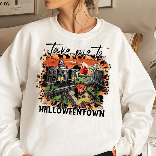 Halloweent0wn Scene Halloween Sweatshirt, Cozy Spooky Town Pullover, Pumpkin Patch Graphic Hoodie, Fall Movie Night Outfit