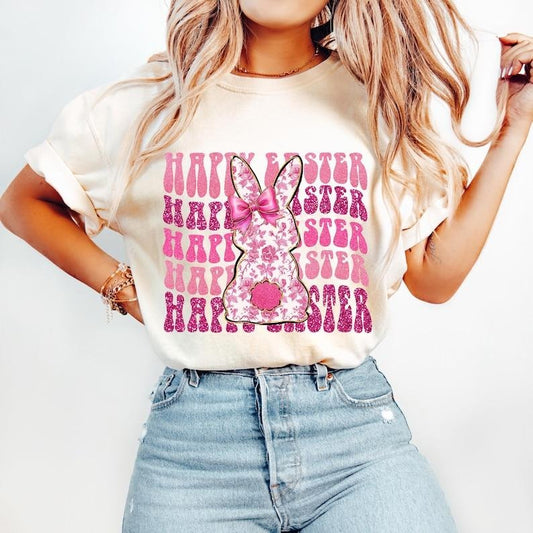 Happy Easter, Pink Floral Chinoiserie Coquette, Grand Millennial Easter, Pink Toile Bunny Tshirt - clothing by TeeHivey.com