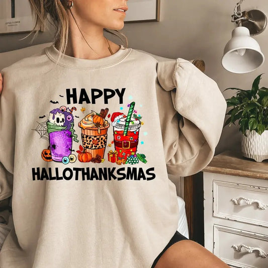 Happy Hallothanksmas Shirt, Halloween Sweatshirt, Thanksgiving Shirt, Christmas Shirt, Gift For Halloween, Thanksgiving...