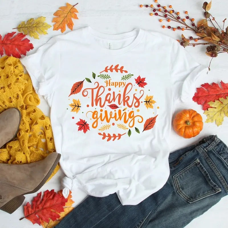 Happy Thanksgiving Shirt - White Polyester Tee with "Happy Thanks" Design, Featuring Pumpkin and Fall Leaves, Comfortable...