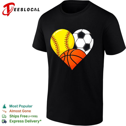 Heart shaped softball soccer basketball three sports love art shirt
