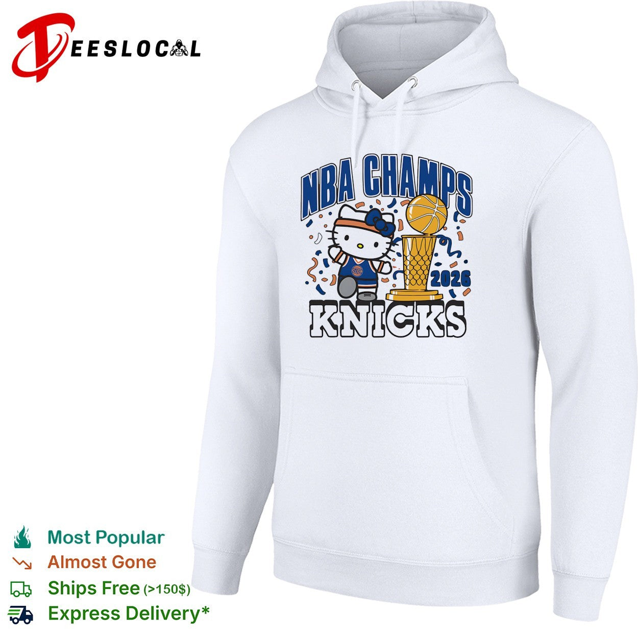 Hello Kitty wearing Knicks jersey 2026 NBA Champs trophy confetti cartoon shirt