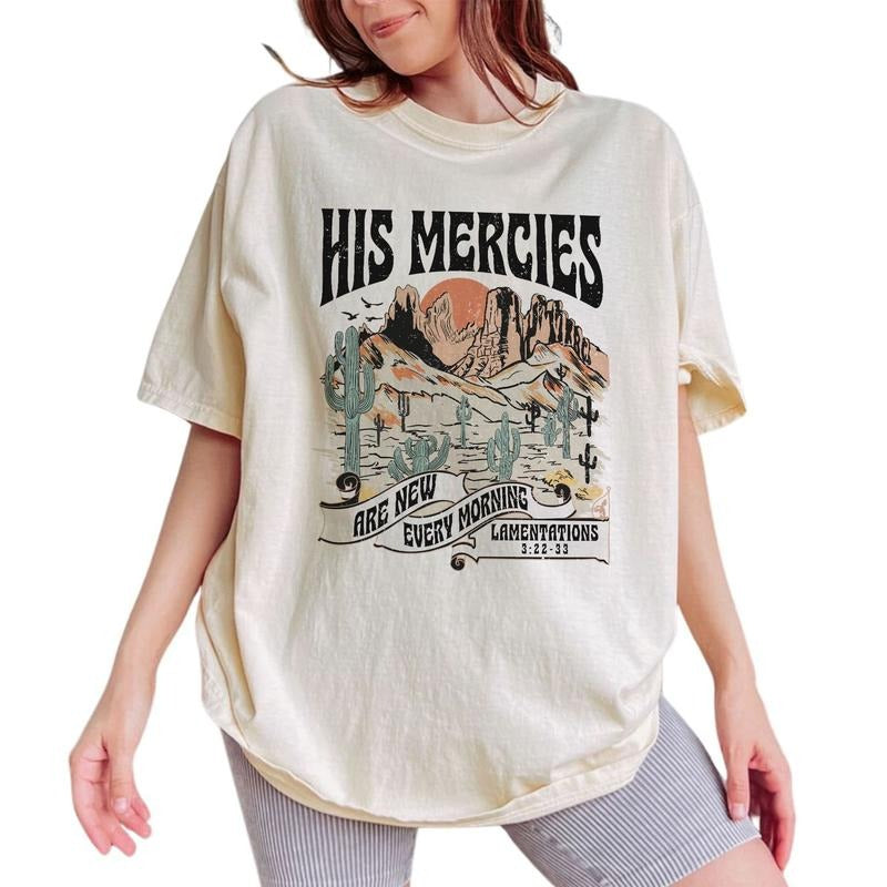 His Mercies Are New Every Morning Vintage Shirt, Retro Bible Verse Unisex Unhinged Shirt, Christian Graphic Printed Tee, Bible Verse Comfy Fabric Graphic Tee, Women's Tops, Womenswear, Cotton Fabric Relaxed Fit Chic Style