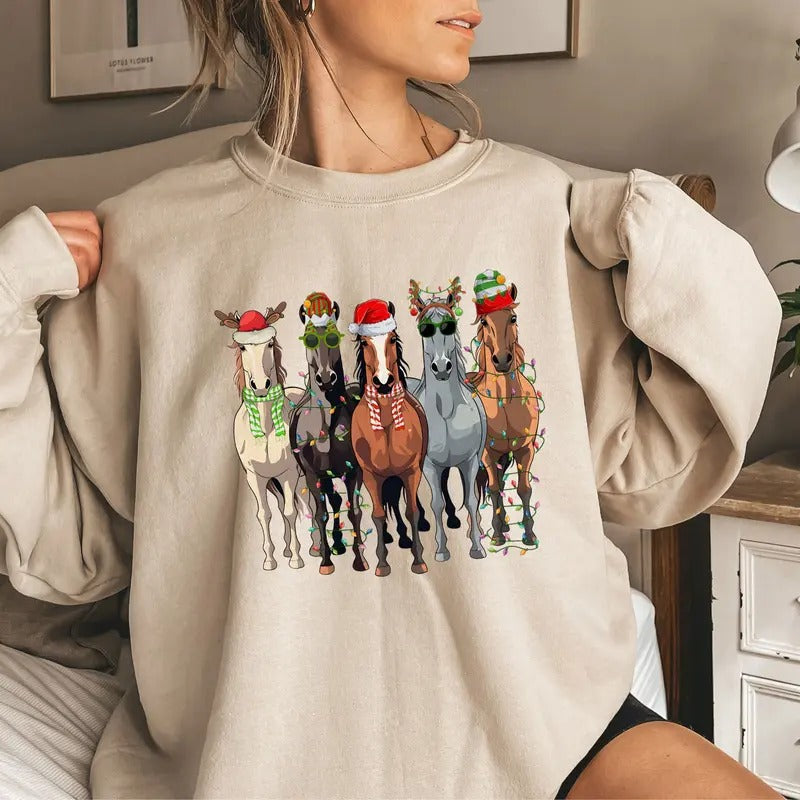Horses Christmas Sweater, Funny Horse Christmas Sweater, Horse Lover Animal Christmas Shirt, Christmas Animals Shirt, Horses In A Row Tee, Cotton Crewneck