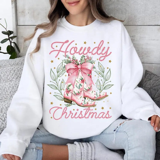 Howdy Christmas, Western Coquette Christmas Sweatshirt, Cowgirl Christmas Pink, Xmas Gift, Full Sizes, Full Colors