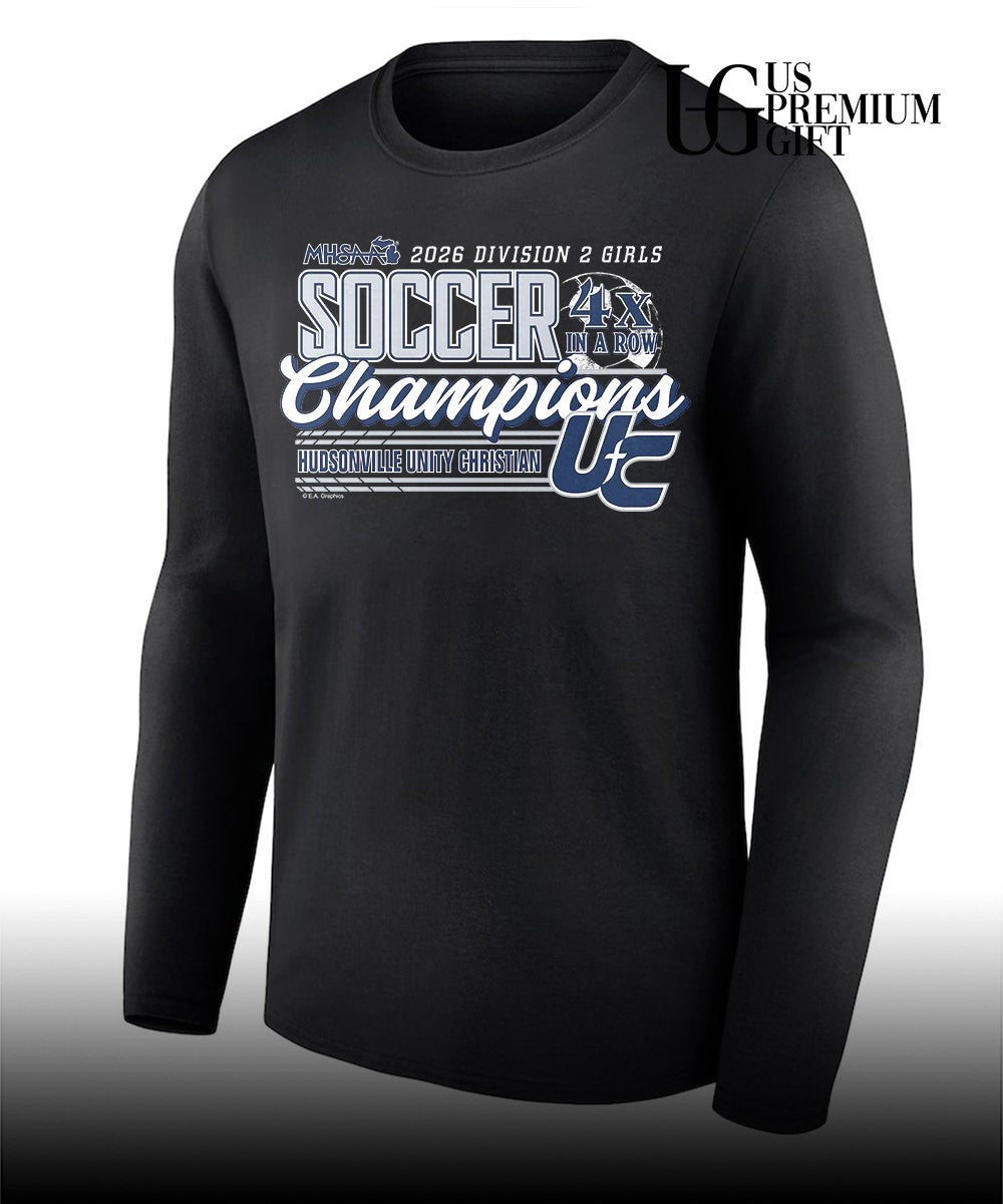 Hudsonville Unity Christian MHSAA Girls Soccer D2 4x in a Row Champions 2026 shirt