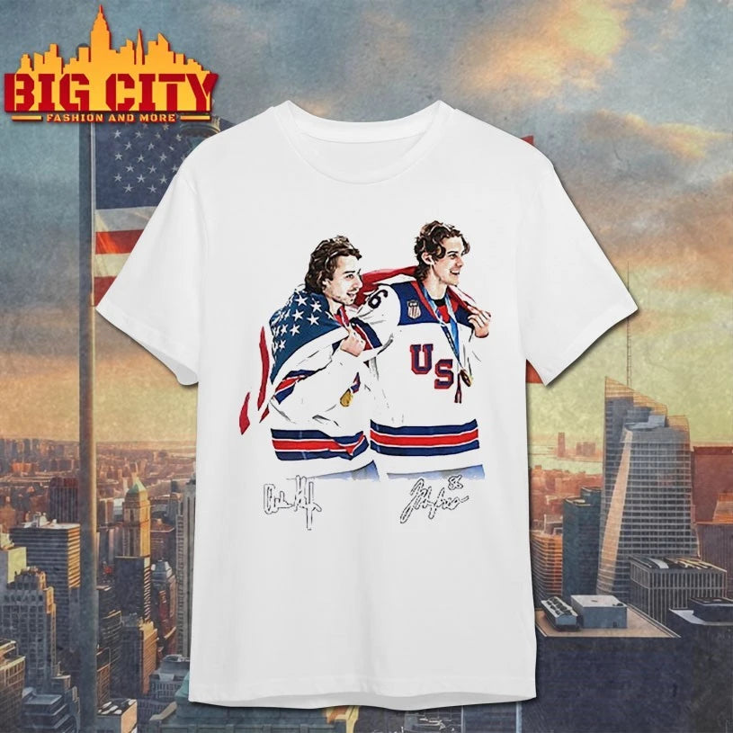 Hughes Brotherhood Team USA Hockey signatures t-shirt